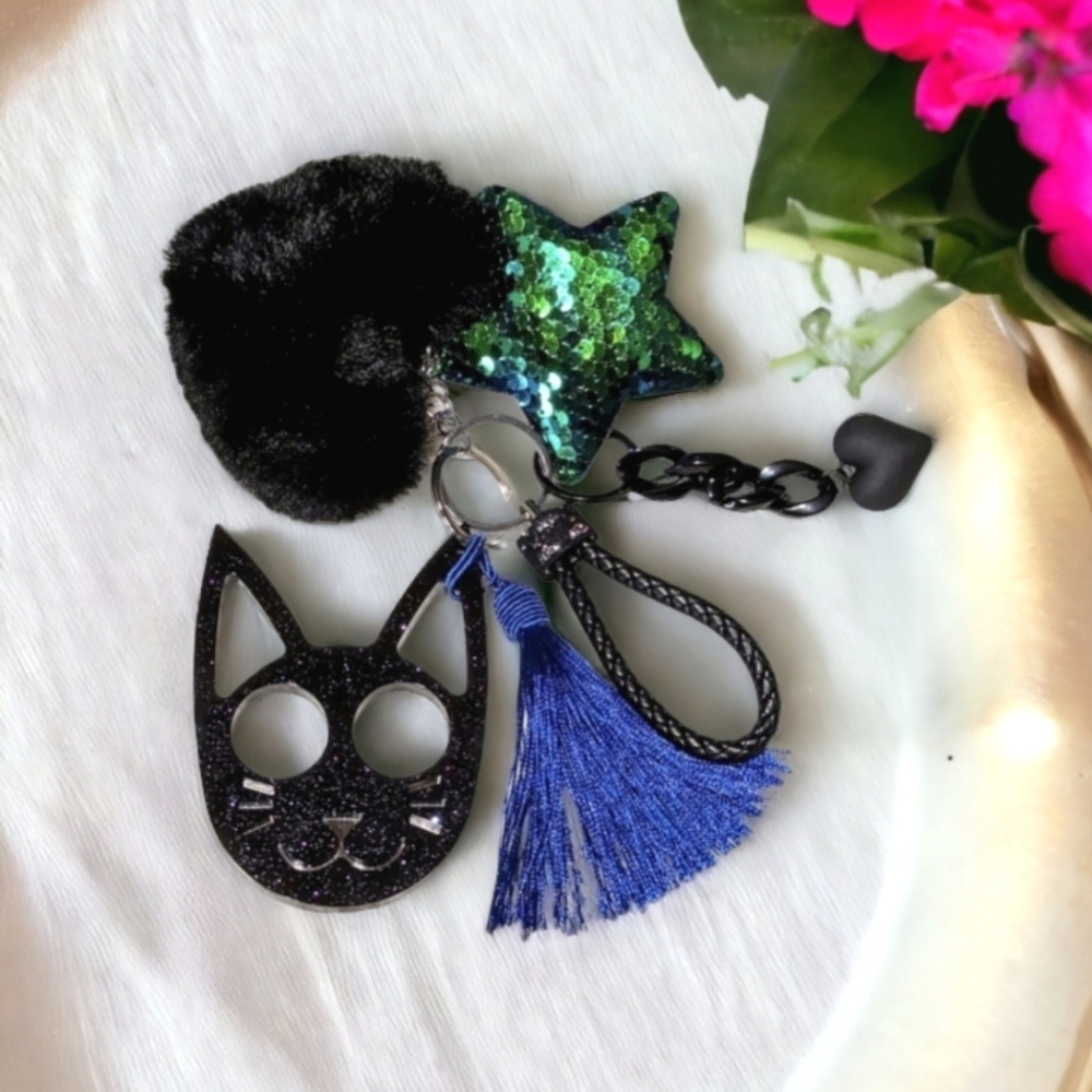 Handmade Black Sparkly Self Defense Kitty Key Chain w/ Blue & Green Sequence